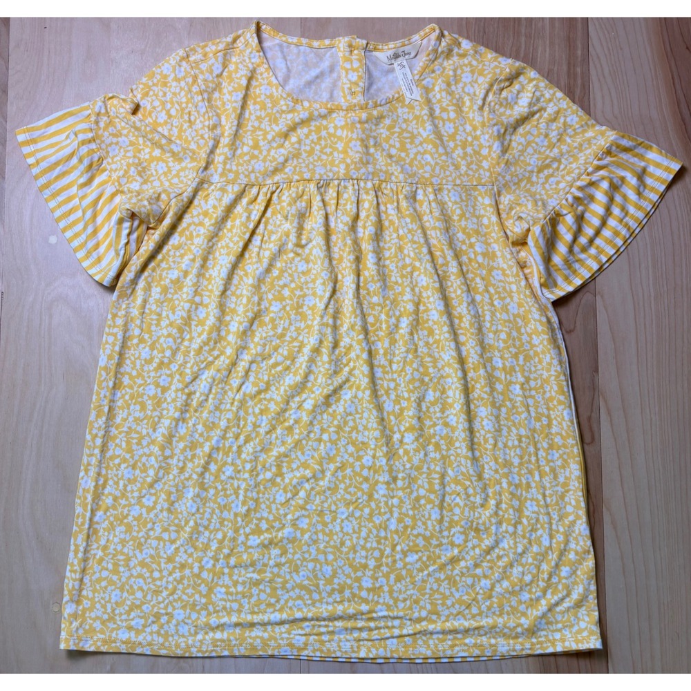 Matilda Jane Womens XS Yellow Floral Striped Mixed Print Ruffle Sleeve Shirt